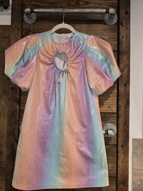 QUEEN OF SPARKLES Pastel Rainbow Puff-Sleeve Mini Dress